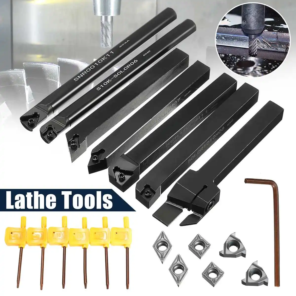 7Pcs 10mm Shank Lathe Turning Tool Boring Bar Holder Kit With DCMT/CCMT Carbide Insert Machine Wrench Cutter Metal Rod Set
7Pcs 10mm Shank Lathe Turning Tool Boring Bar Holder Kit With DCMT/CCMT Carbide Insert Machine Wrench Cutter Metal Rod Set