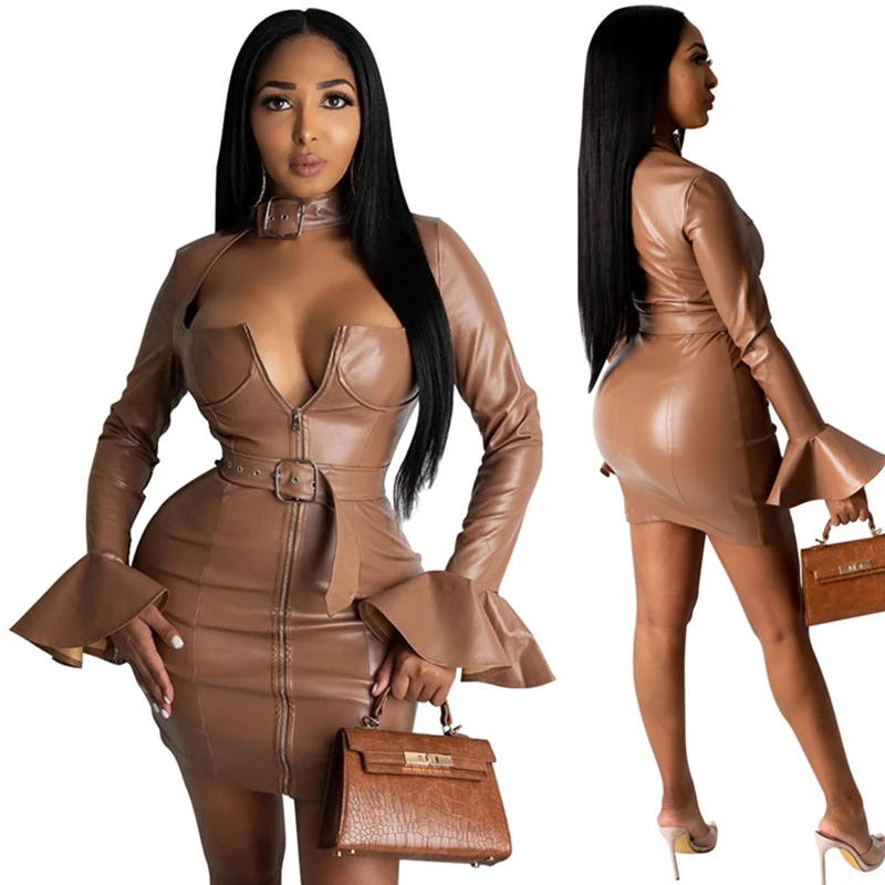 Womens Sexy Solid Color PU Leather Mini Dress with Belt 
Womens Sexy Solid Color PU Leather Mini Dress with Belt