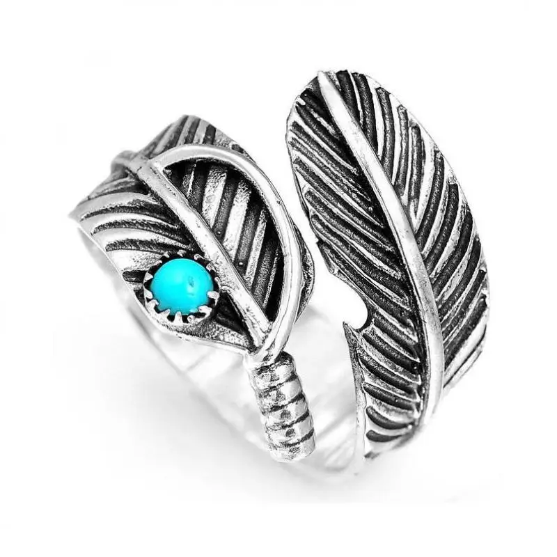 

New Fashion Personality Retro Thai Silver Feather Inlaid Turquoise Ring Men's Open Ring Trend Fashion Jewelry Gift