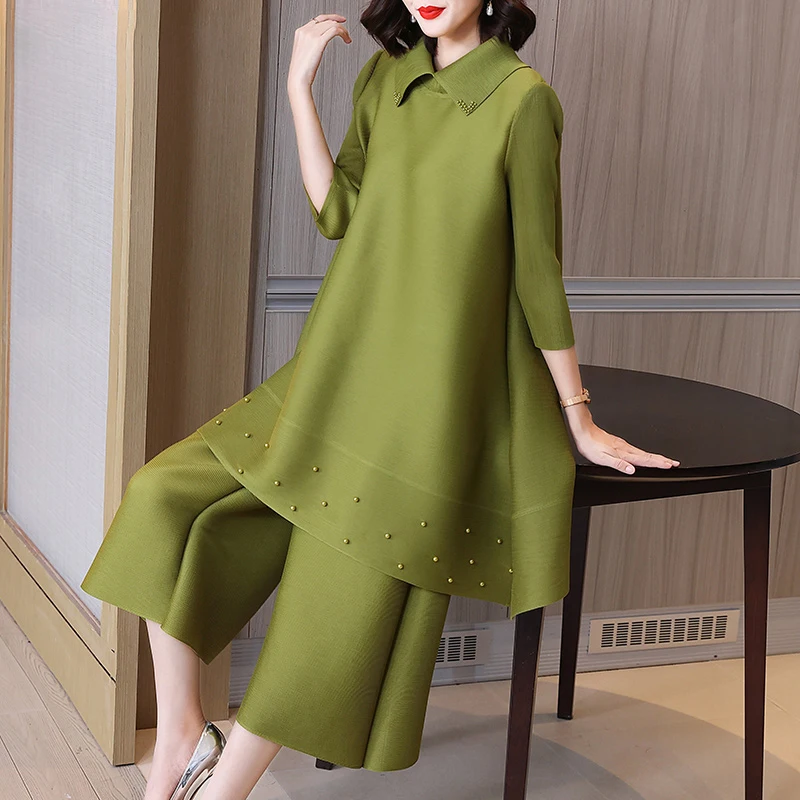 Pant Suits For Women Plus Size 45-75kg Autumn Vintage Elastic Miyake Pleated Loose Turn Down Collar Long Top + Pants Set
Pant Suits For Women Plus Size 45-75kg Autumn Vintage Elastic Miyake Pleated Loose Turn Down Collar Long Top + Pants Set