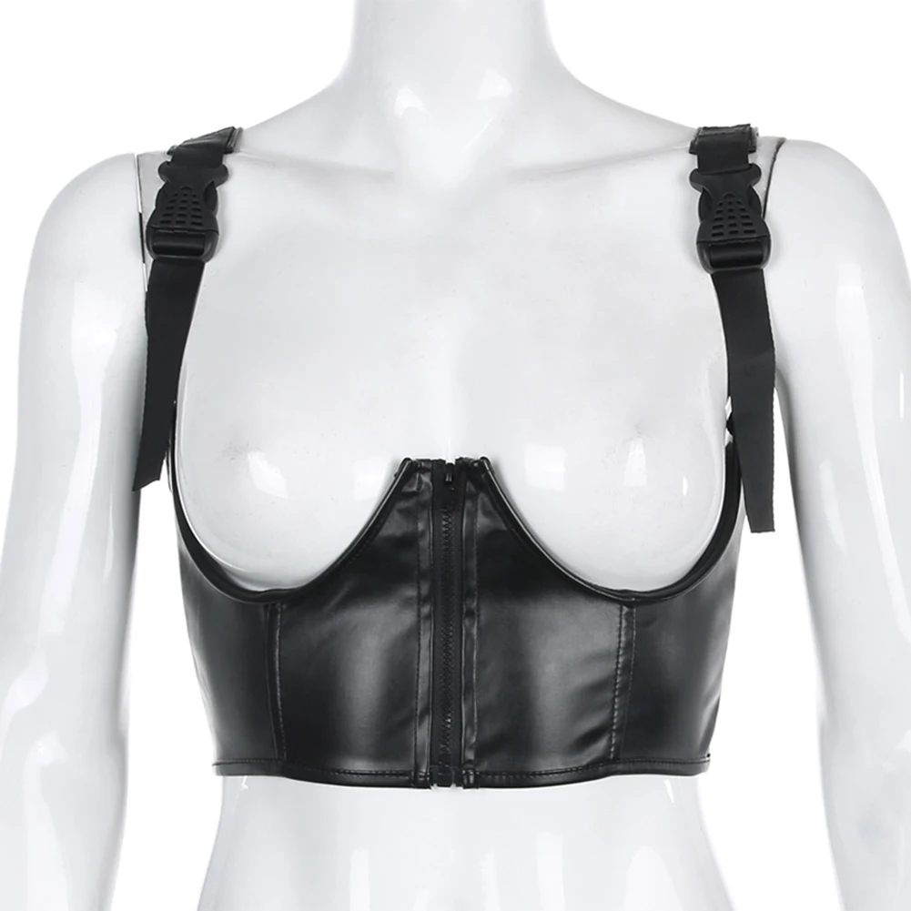 Black Punk Leather Top Women Streetwear Adjustable Spaghetti Strap Sexy Crop Top Vest 2020 All-Match Cool Summer Tops Mall Goth 
Black Punk Leather Top Women Streetwear Adjustable Spaghetti Strap Sexy Crop Top Vest 2020 All-Match Cool Summer Tops Mall Goth