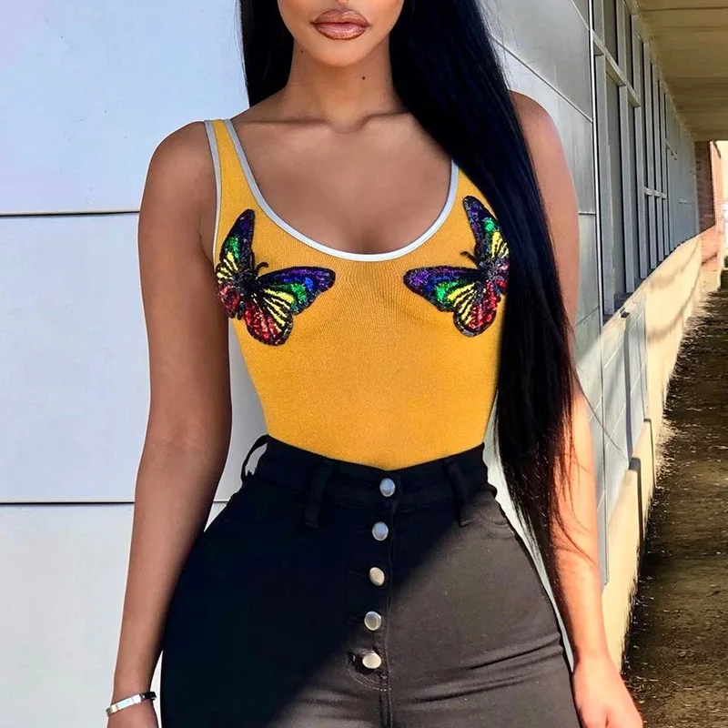 Women Fashion Sequins Butterfly Appliques Sleeveless Vest Knitted U-Neck Tank Tops Casual Slim Yellow Y2K Aesthetic Streetwear
Women Fashion Sequins Butterfly Appliques Sleeveless Vest Knitted U-Neck Tank Tops Casual Slim Yellow Y2K Aesthetic Streetwear