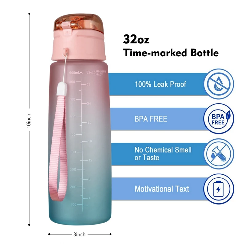 32Oz Fitness Water Bottle with Time Marker BPA Free Large Capacity Water Jug for Gym Outdoor Office Work Gradient 
32Oz Fitness Water Bottle with Time Marker BPA Free Large Capacity Water Jug for Gym Outdoor Office Work Gradient