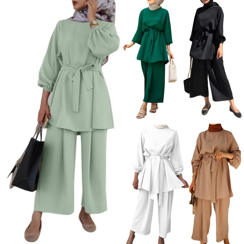 

Women Muslim Summer 2Pcs Outfits Set Long Sleeve Belted Tunic Tops Wide Leg Loose Pants Solid Color Dubai Kaftan Hijab