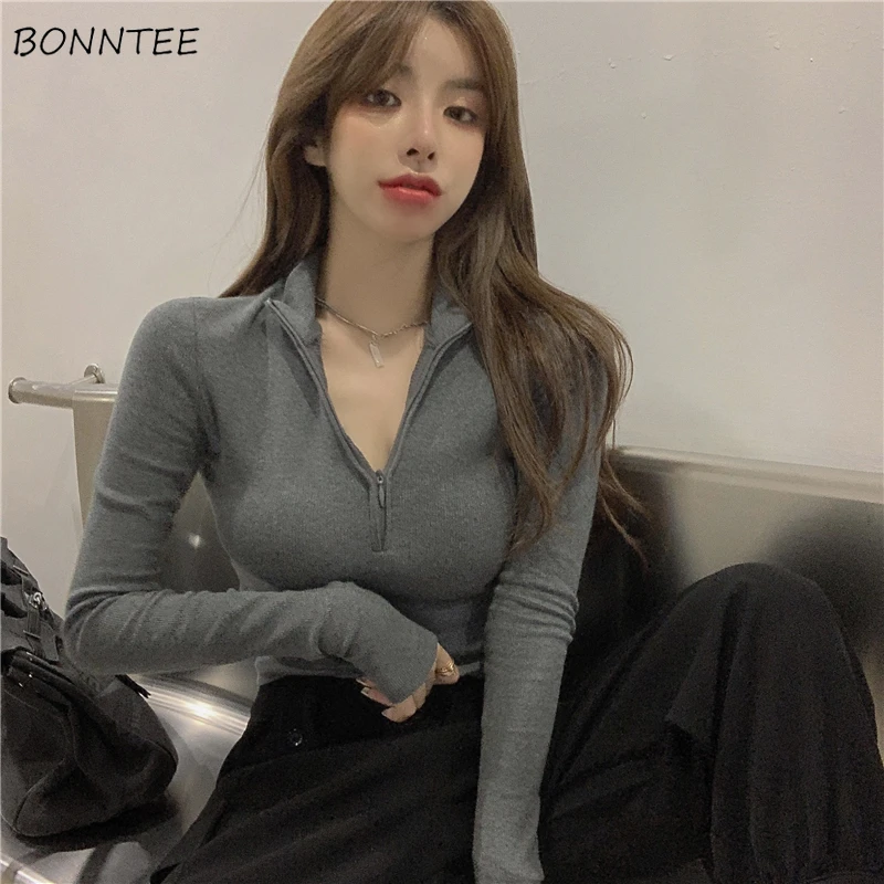 Pullover Womens Autumn Deep V-neck Long Sleeve Knitted Solid Slim Zipper All-match Ins Female Fashion Streetwear Stretchy Simple
Pullover Womens Autumn Deep V-neck Long Sleeve Knitted Solid Slim Zipper All-match Ins Female Fashion Streetwear Stretchy Simple