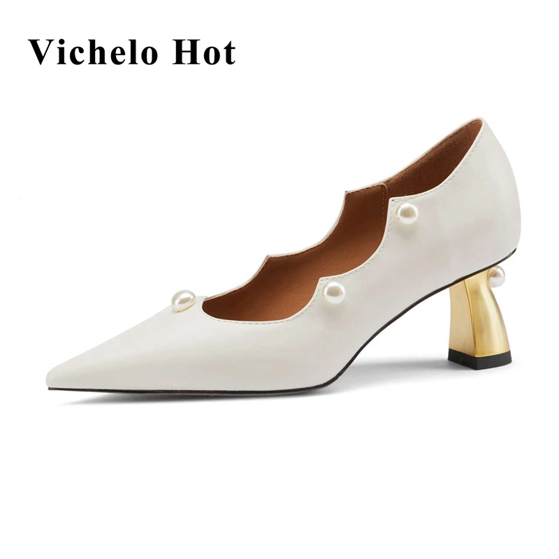 Vichelo Hot spring recommend genuine leather pointed toe strange high heels pearl decoration dance party slip on women pumps L02
Vichelo Hot spring recommend genuine leather pointed toe strange high heels pearl decoration dance party slip on women pumps L02