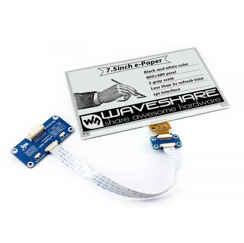 Waveshare 800*480,7.5inch E-Ink display HAT for Raspberry Pi 2B/3B/Zero/Zero W,Two-color:Black White,SPI interface,No Backlight
Waveshare 800*480,7.5inch E-Ink display HAT for Raspberry Pi 2B/3B/Zero/Zero W,Two-color:Black White,SPI interface,No Backlight