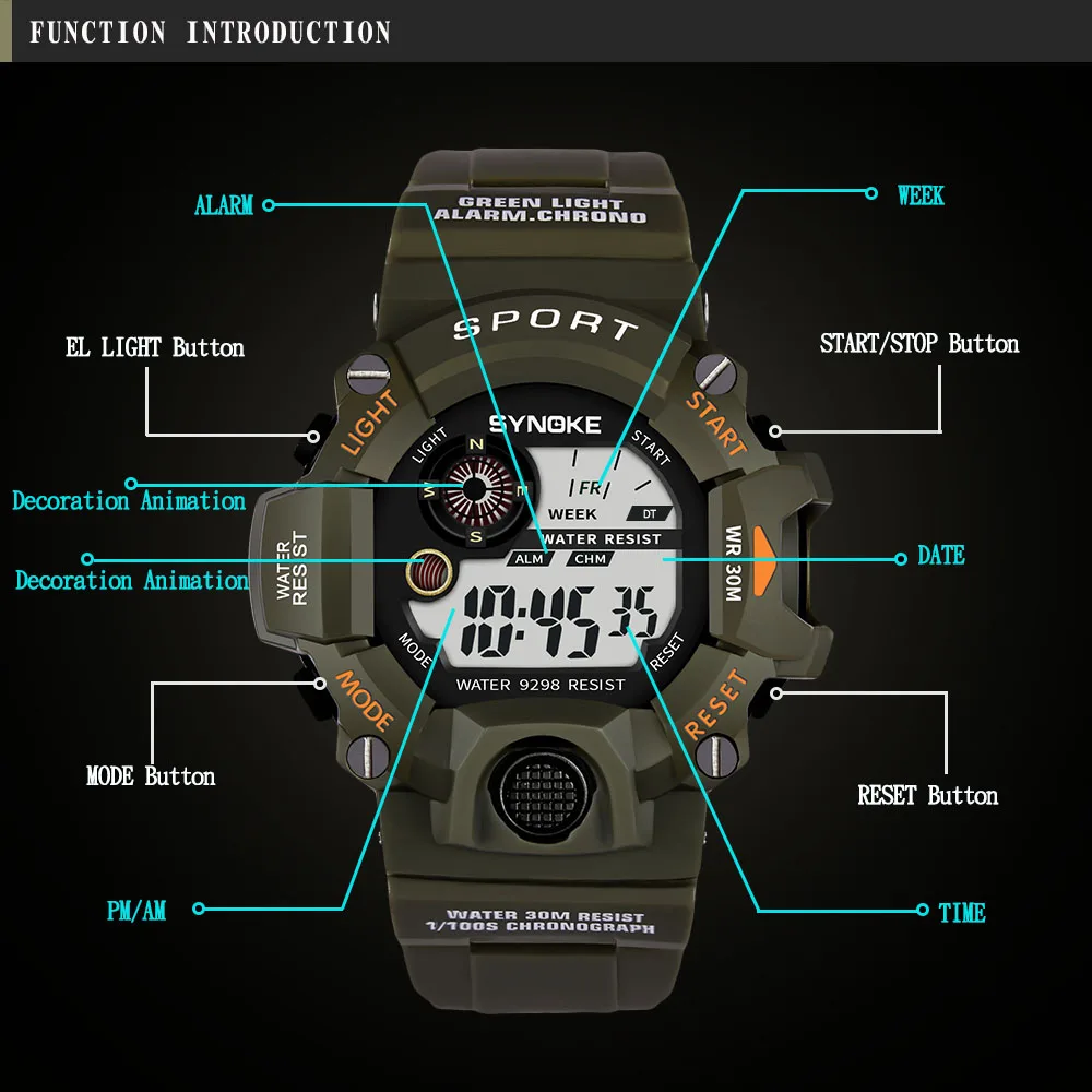 SYNOKE Men's Watch Luxury Shock Water Resistant Men Digital Sport Watches Military LED Electronic Clock Wristatch Relojes Hombre
SYNOKE Men's Watch Luxury Shock Water Resistant Men Digital Sport Watches Military LED Electronic Clock Wristatch Relojes Hombre