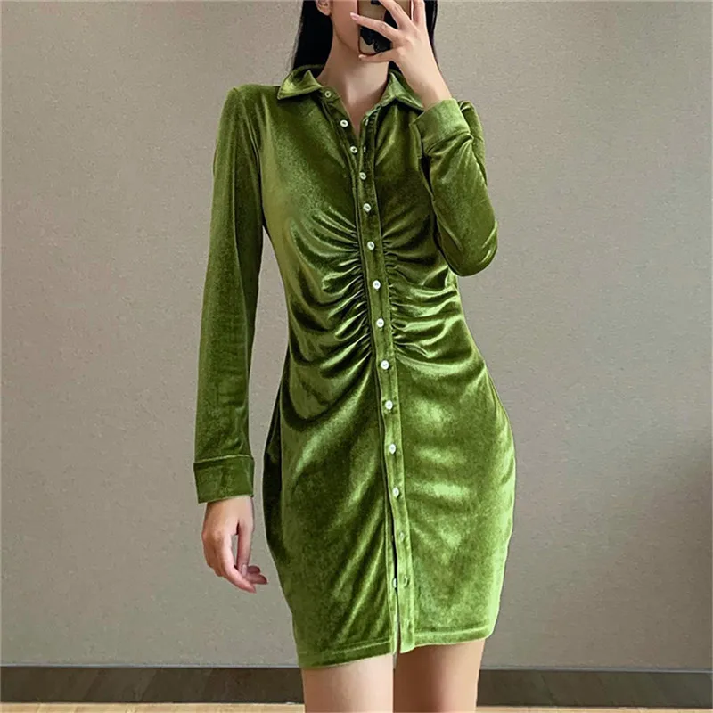 Spring and Autumn Women Solid Color Skinny Dress Long Sleeve Lapel Pleated Close-fitting Mini Dress
Spring and Autumn Women Solid Color Skinny Dress Long Sleeve Lapel Pleated Close-fitting Mini Dress