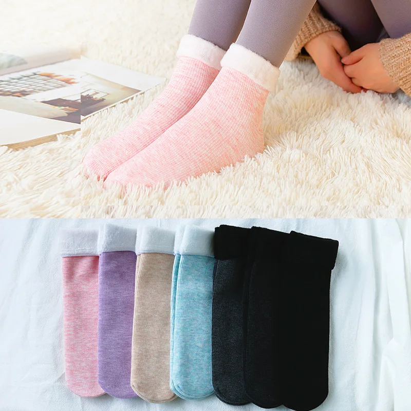 

10 Pairs/Lot Socks Winter Warm Women Colored Cotton Plus Velvet Thickening Socks Breathable And Sweat-absorbing Fashion Mid Sock