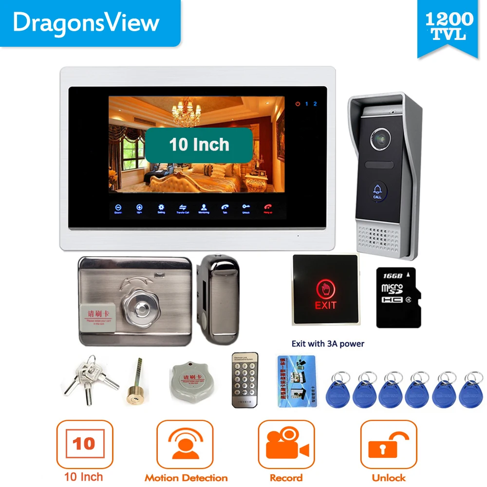 

Dragonsview 10 Inch Wired Video Intercom Video Door Phone with Doorbell Camera System 1200TVL HD Record SD Card Motion Rainproof