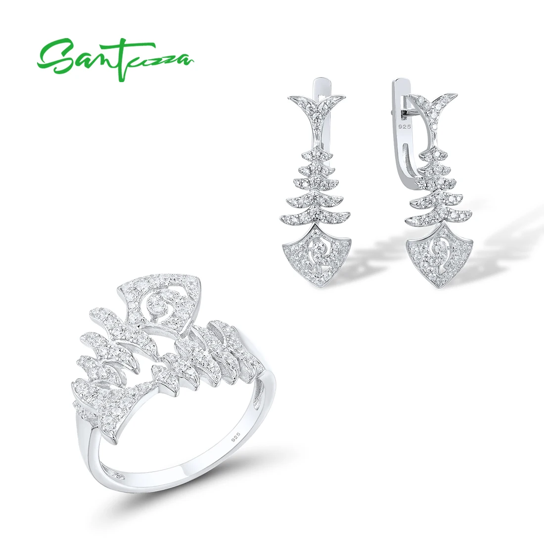 SANTUZZA 925 Sterling Silver Jewelry Set For Women White Cubic Zirconia Earrings Ring Set Fish Bone Animal Skeleton Fine Jewelry
SANTUZZA 925 Sterling Silver Jewelry Set For Women White Cubic Zirconia Earrings Ring Set Fish Bone Animal Skeleton Fine Jewelry