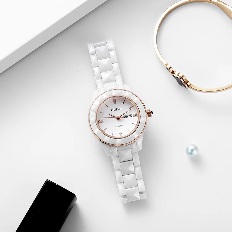 OUPAI 2020 New Arrival White Ceramic Watch Women Simple Fashion Waterproof Luxury Watch Lady Diamond Cut Ceramic Double Calendar
OUPAI 2020 New Arrival White Ceramic Watch Women Simple Fashion Waterproof Luxury Watch Lady Diamond Cut Ceramic Double Calendar