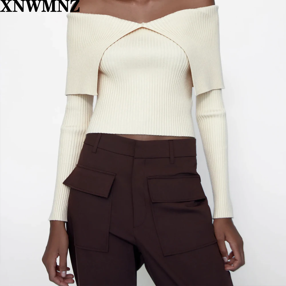 

XNWMNZ Za women 2020 Fashion fitted knit top Female Chic Top featuring a V-neckline and long sleeves with exposed shoulders