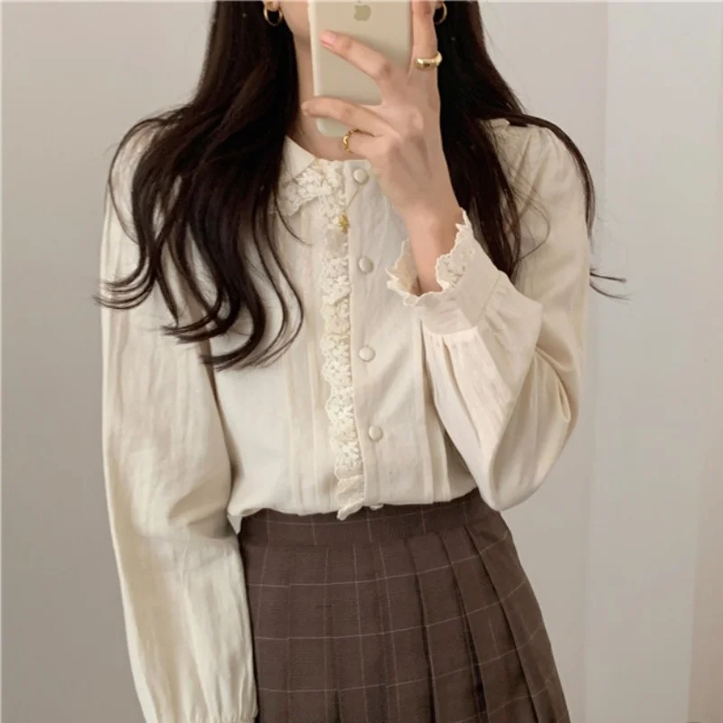 Spring and Autumn New Korean Version Sweet Lace Collar Versatile Long Sleeve Solid Color Shirt Super Immortal Age Reducing Thin
Spring and Autumn New Korean Version Sweet Lace Collar Versatile Long Sleeve Solid Color Shirt Super Immortal Age Reducing Thin