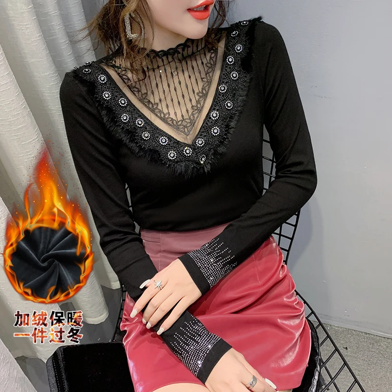 Winter T-Shirt Fashion Sexy Patchwork Lace Hollow Out Shiny Dimonds Women Tops With Fleece Brushed Cotton Tees
Winter T-Shirt Fashion Sexy Patchwork Lace Hollow Out Shiny Dimonds Women Tops With Fleece Brushed Cotton Tees