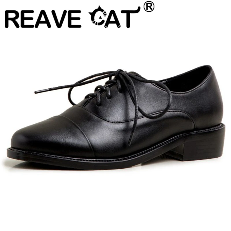 

REAVE CAT Lady Spring Autumn Concise Flats Round Toe 3cm Square Heels Lace up Cross-tied Patent Leather Size 31-43 Leisure S1904