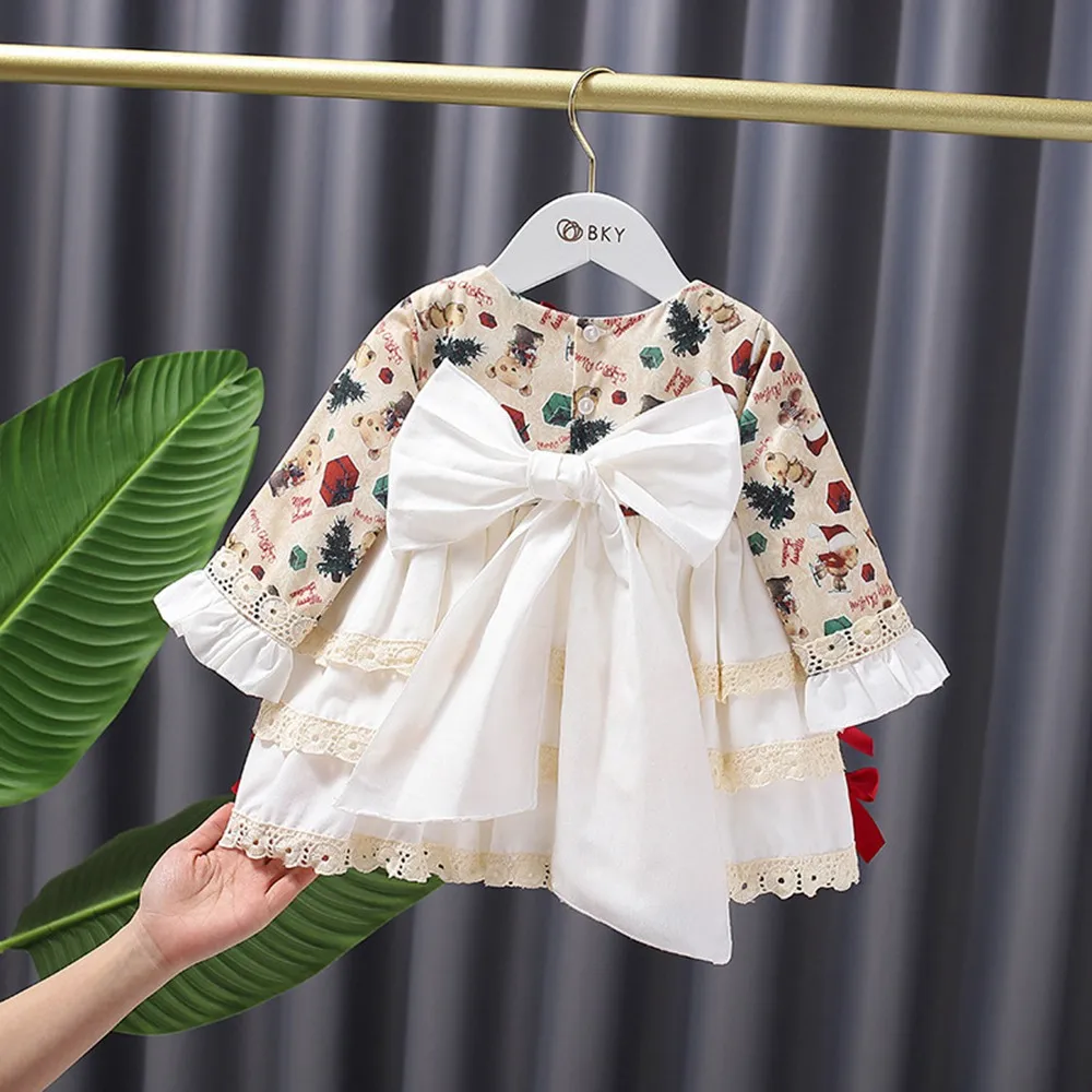 

Girls Kids Lolita Dress Long Sleeve Children Baby Infants Princess Printed Flora Big Bow Party Ball Gown Dresses Vestidos S12038