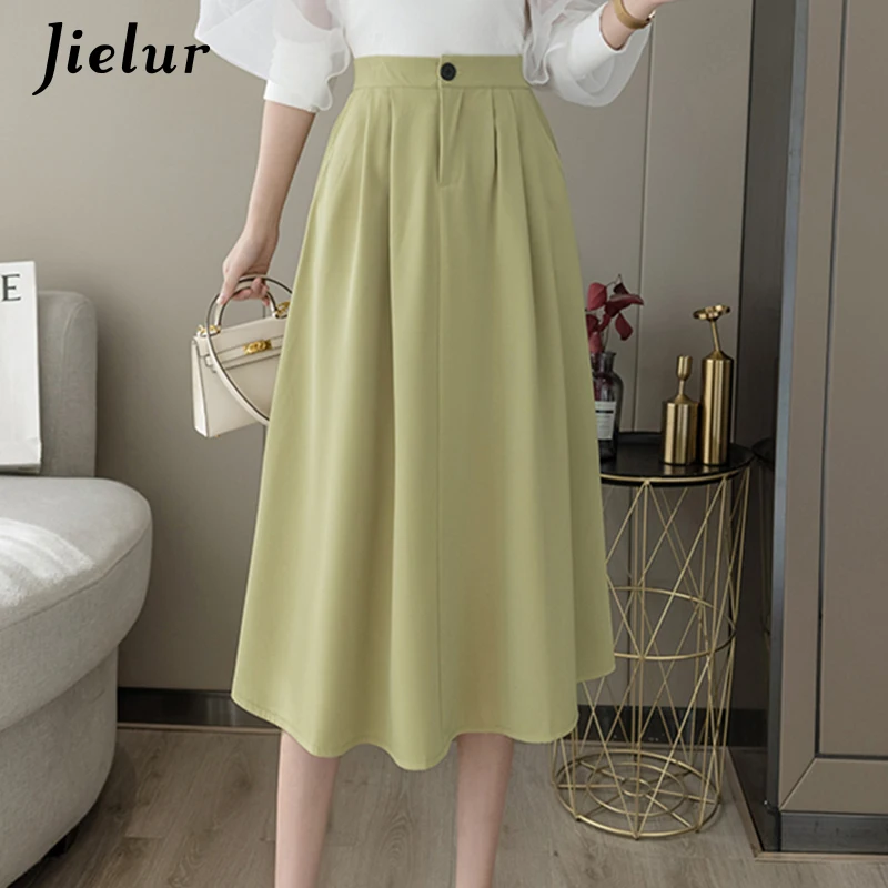 

Jielur Fashion New Skirt Summer 2021 High-waisted A-line Skirts Pockets Casual Pleated Black Apricot Green Skirts for Women S-XL
