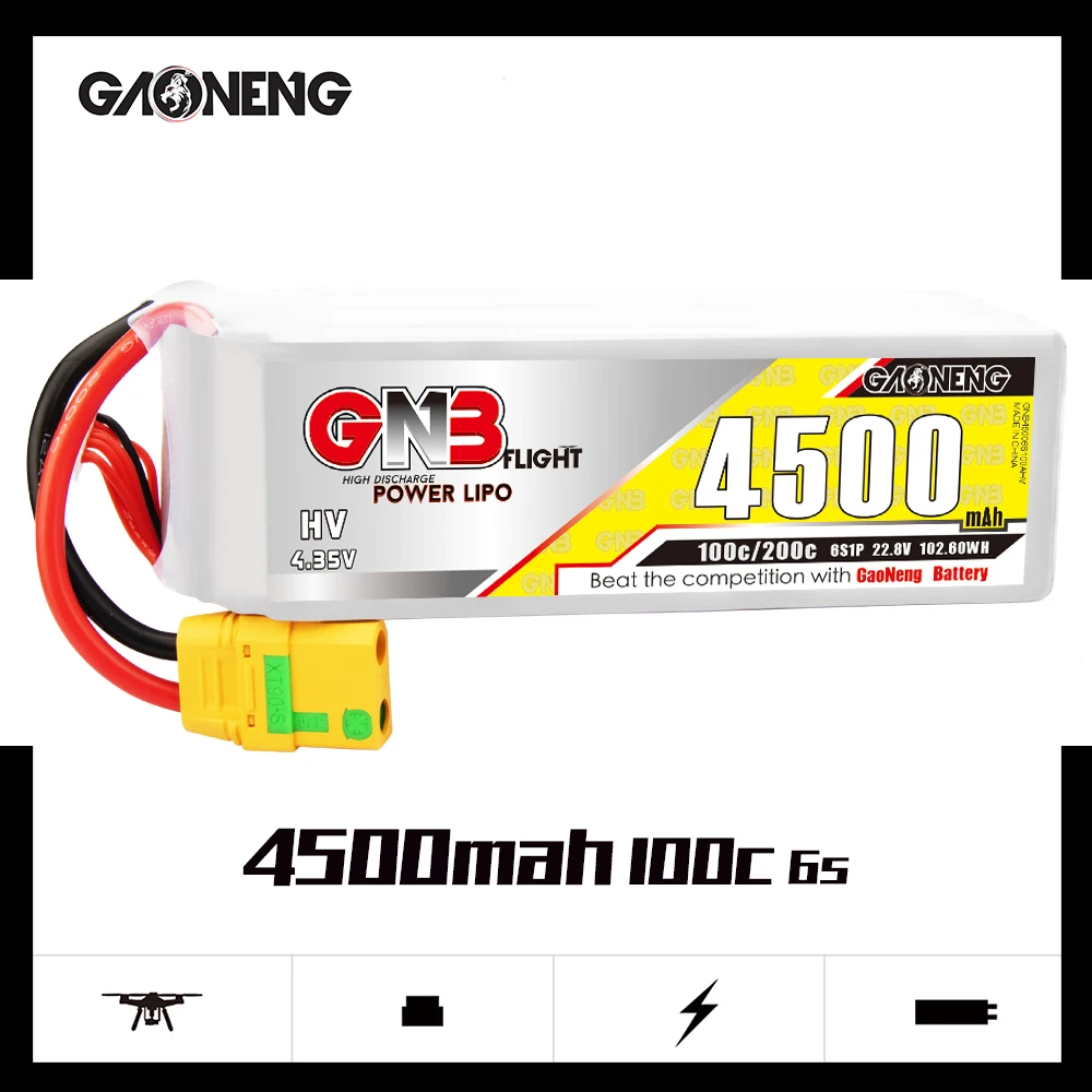 Gaoneng GNB 22.8V 4500mAh 100C 6S HV LiPo Battery for FPV RC Drone RC Quadcopter Multicopter Multirotor w/ XT60/XT90/T Plug
Gaoneng GNB 22.8V 4500mAh 100C 6S HV LiPo Battery for FPV RC Drone RC Quadcopter Multicopter Multirotor w/ XT60/XT90/T Plug