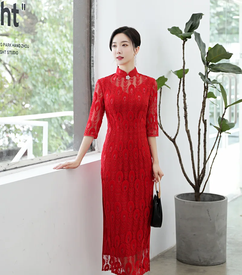 Bride Wedding Party Straight Cheongsam Dress Slim Lace Floral Stand Collar Qipao Skirt 3/4 Sleeve Marry Banquet Chinese Gown
Bride Wedding Party Straight Cheongsam Dress Slim Lace Floral Stand Collar Qipao Skirt 3/4 Sleeve Marry Banquet Chinese Gown