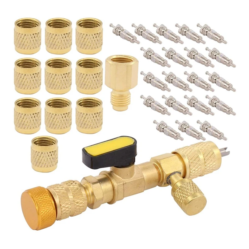 A/C Valve Core Remover Installer Tool Kit R134A and Dual Size SAE 1/4 5/16 Port with R410 Brass Adapter and Nut
A/C Valve Core Remover Installer Tool Kit R134A and Dual Size SAE 1/4 5/16 Port with R410 Brass Adapter and Nut