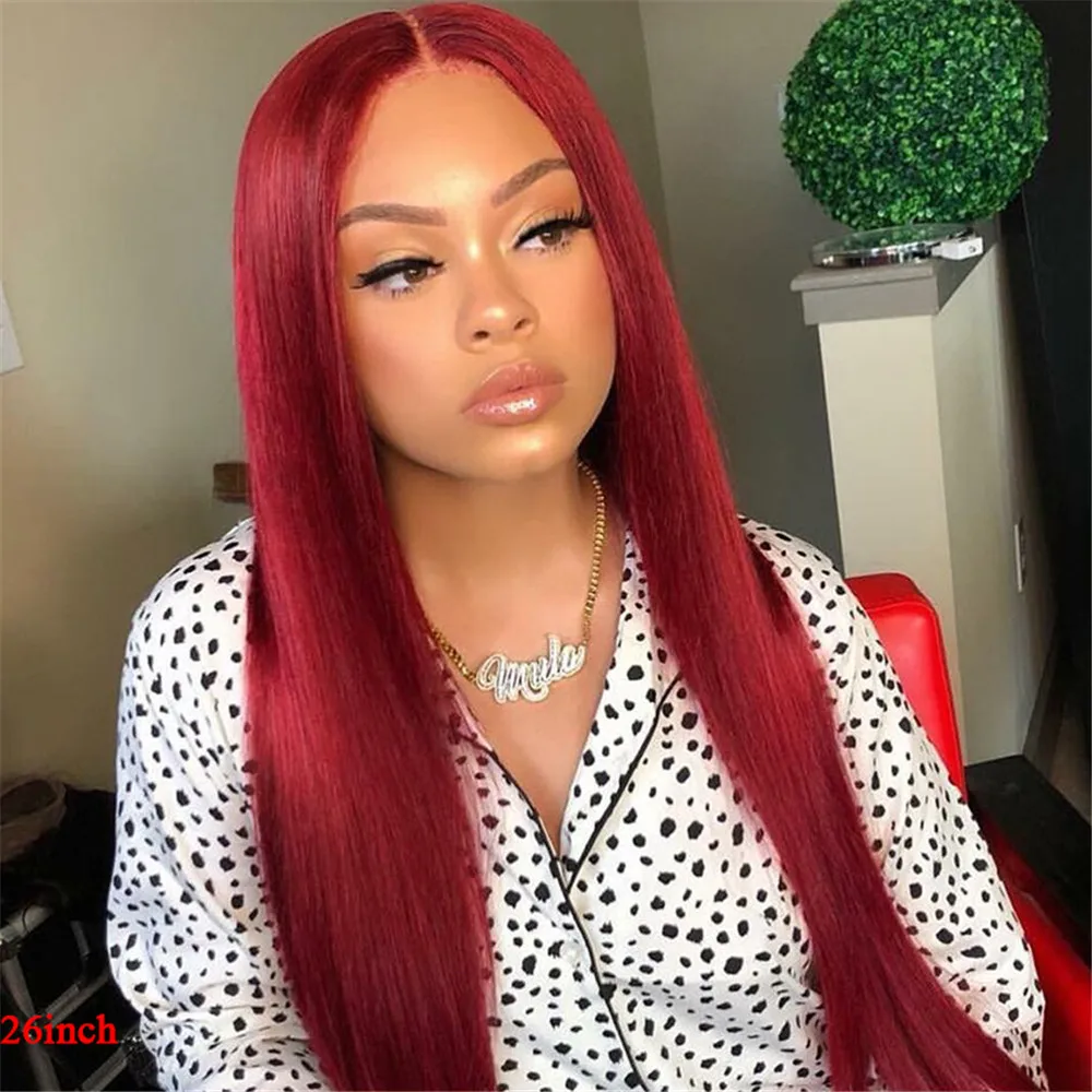 

99j burgundy 13x4 Lace Front Human Hair Wigs Brazilian Straight Remy Pre Plucked Hairline Lace Wig for Women 150% Density