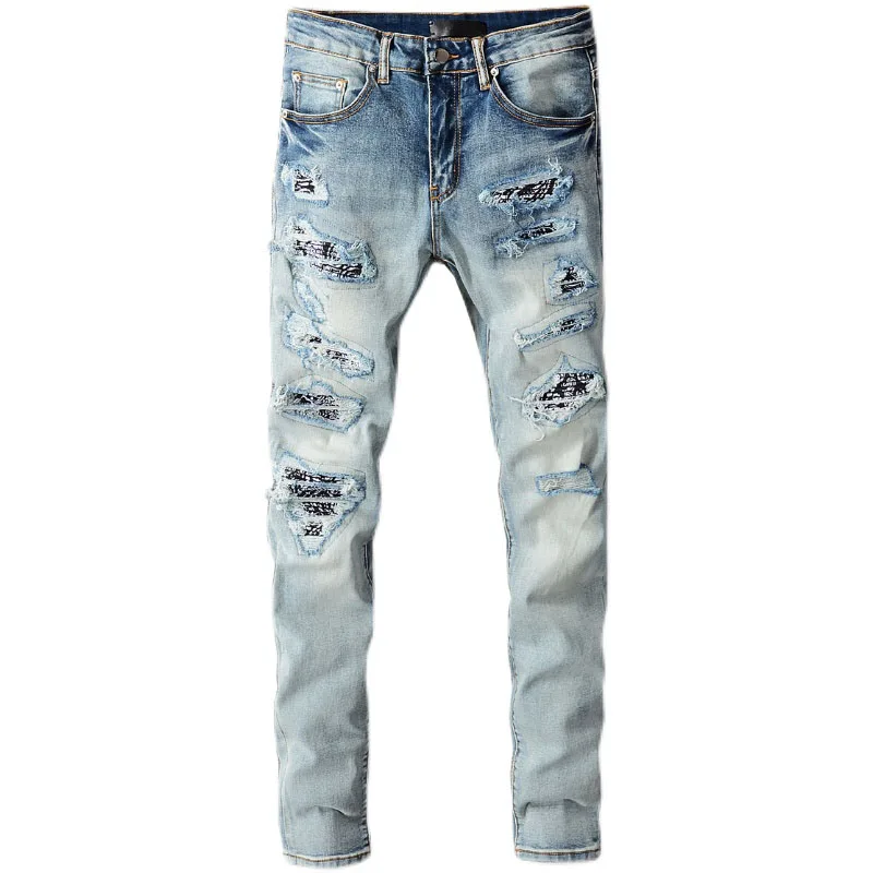New 2021 new men's male fashion casual light color ripped patch jeans high street style stretch slim denim pants for men 677
New 2021 new men's male fashion casual light color ripped patch jeans high street style stretch slim denim pants for men 677