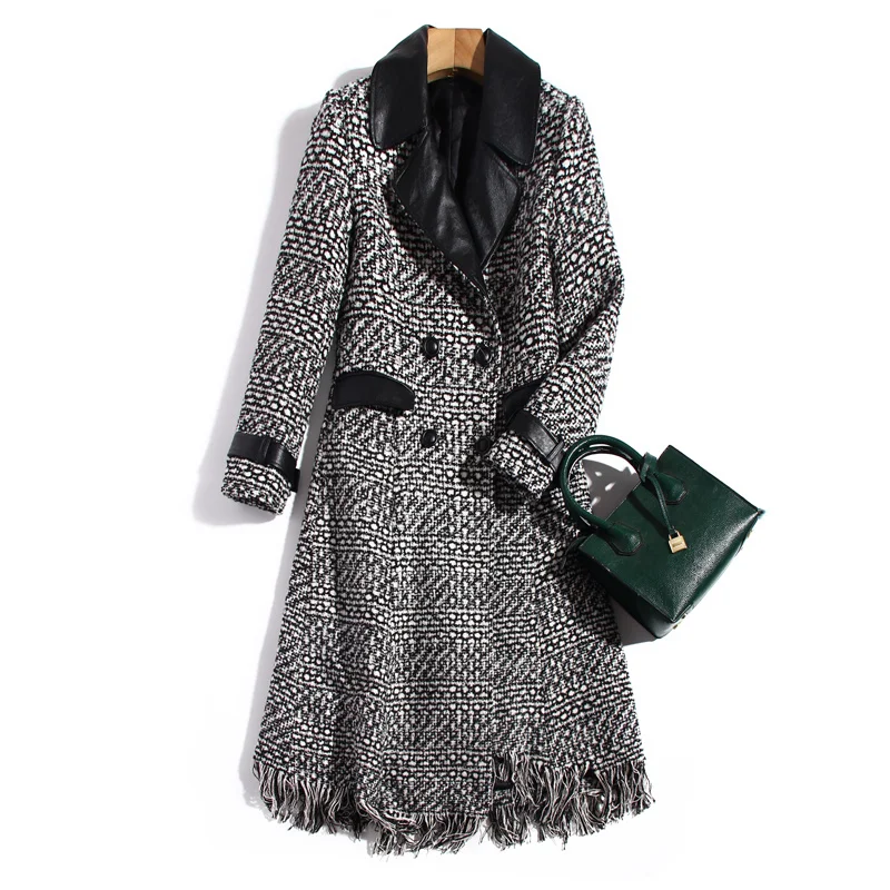 Designer Leather Stitching Tweed Lapel Coat Autumn Winter New Double Breasted Tassels Slim Fashion Vintage Elegant Windbreaker
Designer Leather Stitching Tweed Lapel Coat Autumn Winter New Double Breasted Tassels Slim Fashion Vintage Elegant Windbreaker