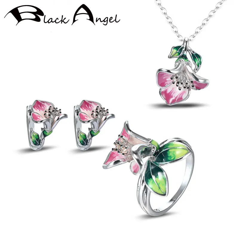 BLACK ANGEL Silver Green Leaf Pink Enamel Morning Glory Clip Earrings Necklace Ring For Women CZ Fashion Christmas Jewelry Set
BLACK ANGEL Silver Green Leaf Pink Enamel Morning Glory Clip Earrings Necklace Ring For Women CZ Fashion Christmas Jewelry Set