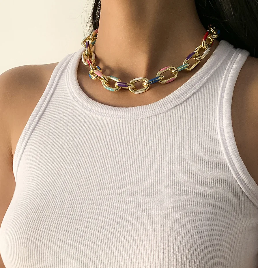 

FXCUBE Goth Punk Hip Hop Rock Chunky Chains Choker Necklace For Women Colorful Cuban Chain Grunge Festival Jewelry Accessories