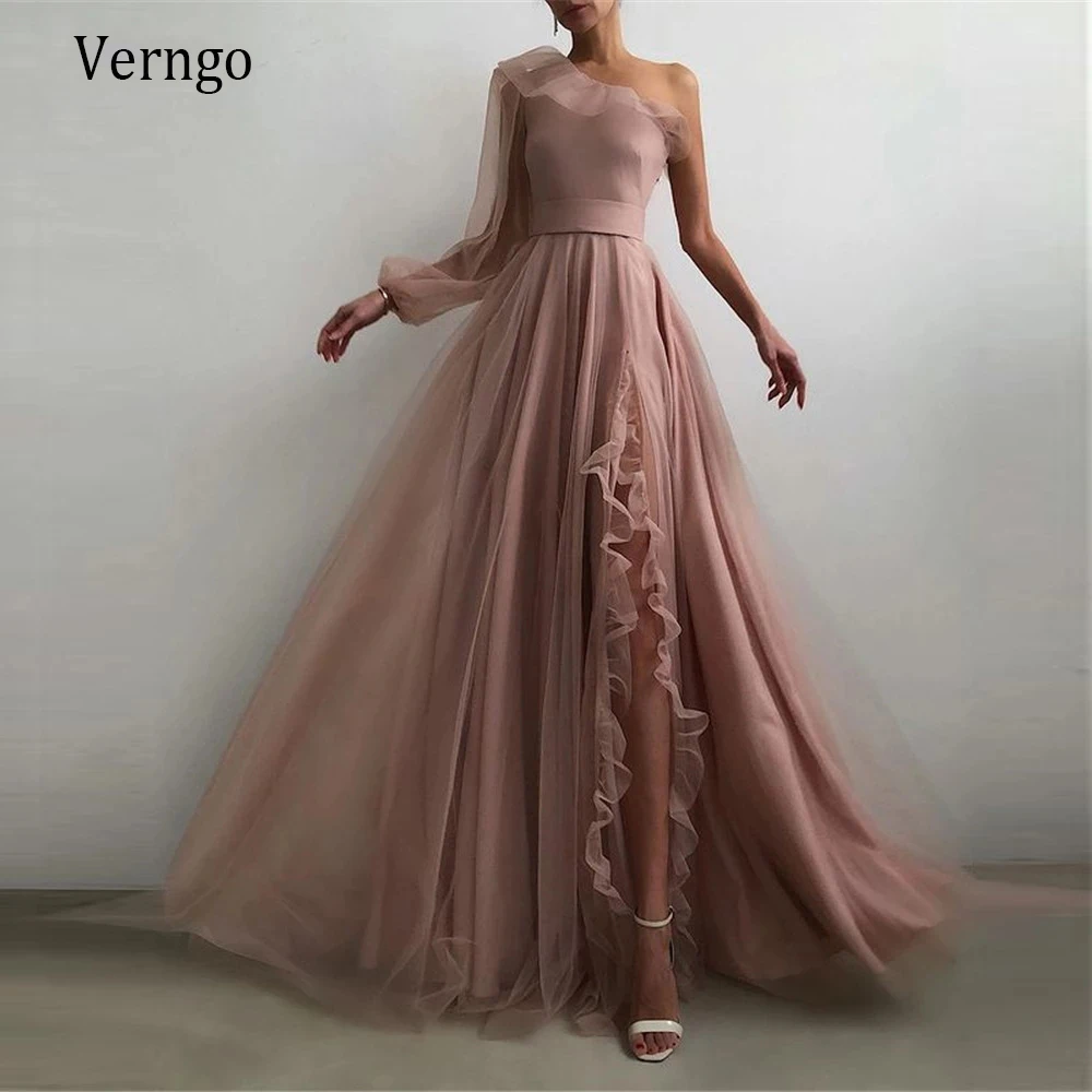 

Verngo Dusty Pink/Burgundy/Black Tulle A Line Prom Dresses One Shoulder Long Sleeve Ruffles Side Slit Simple Evening Gowns 2021