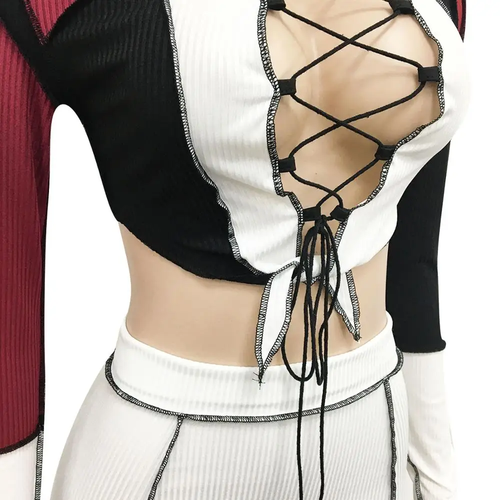 Echoine Lace up Cross Crop Top Mini Skirt Ribbed Color Patchwork Print Skinny Two Piece Set Hollow Out Sexy Club Outfits New
Echoine Lace up Cross Crop Top Mini Skirt Ribbed Color Patchwork Print Skinny Two Piece Set Hollow Out Sexy Club Outfits New