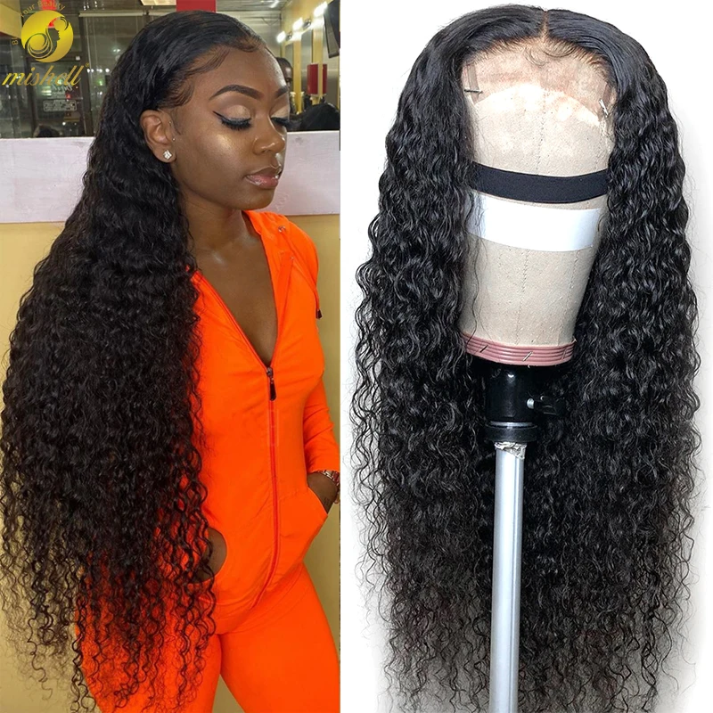 

Mishell Deep Wave Closure Wig Human Hair Lace Frontal Wigs 180 Lace Front Wig Pre Plucked Bleached Knots Wigs Remy 4x4 Lace Wiig