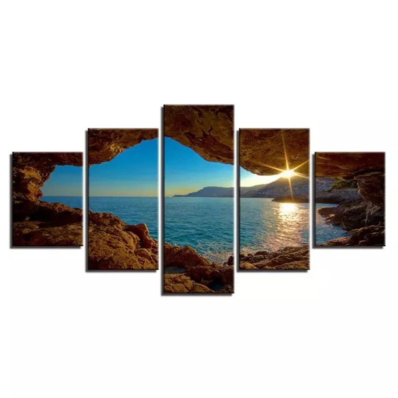 5 панелей увлекательный вид на море пещера и солнце Картина холсте плакаты принты