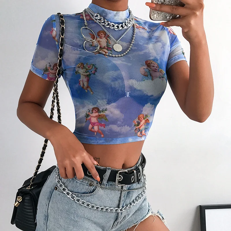 Women Cupid Angel Print Mesh Crop Tops Blue Turtleneck Short Sleeve Summer T Shirt Woman Slim Body Casual T Shirts Plus Size Top 
Women Cupid Angel Print Mesh Crop Tops Blue Turtleneck Short Sleeve Summer T Shirt Woman Slim Body Casual T Shirts Plus Size Top