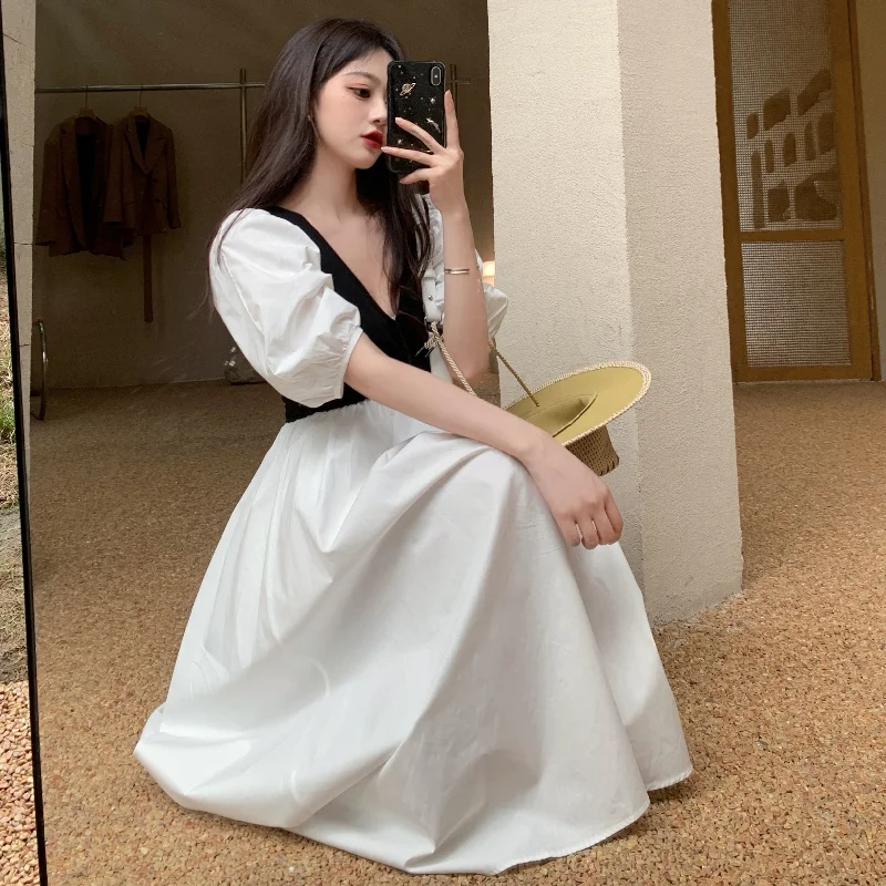 Korejepo Women Dress 2021 Summer French Retro Elegant Temperament Style Contrast Color Puff Sleeve V-Neck Long Dresses Vestidos
Korejepo Women Dress 2021 Summer French Retro Elegant Temperament Style Contrast Color Puff Sleeve V-Neck Long Dresses Vestidos
