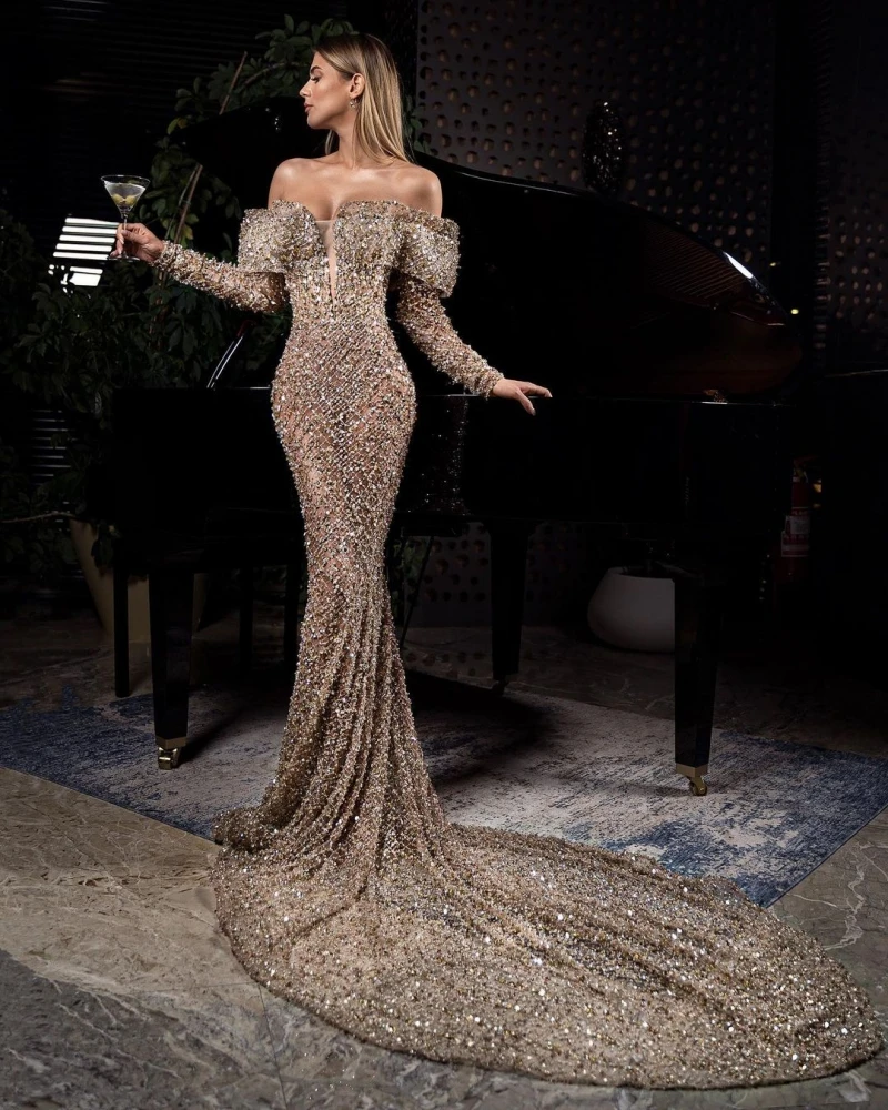 Elegant Sequined Mermaid Prom Dresses Off the Shoulder Women Party Gowns 2021 robe de soirée de mariage Long Sleeves
Elegant Sequined Mermaid Prom Dresses Off the Shoulder Women Party Gowns 2021 robe de soirée de mariage Long Sleeves
