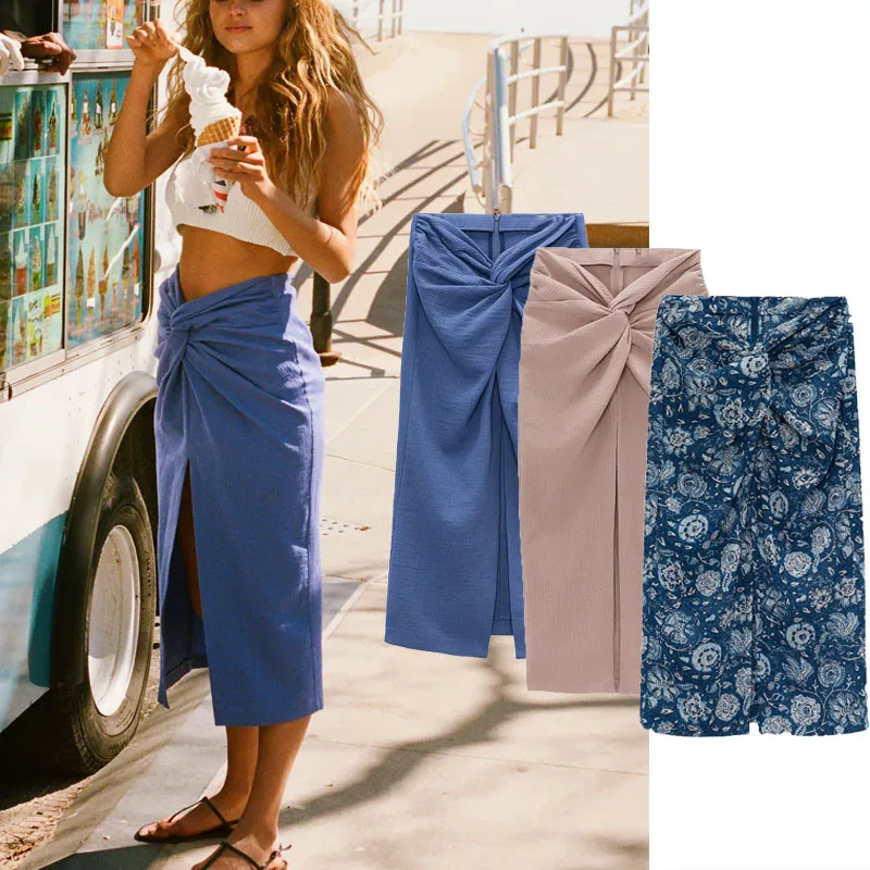 

Za 2021 High Waist Print Ruched Summer Skirt Women Textured Knot Vintage Midi Blue Skirts Woman Chic Back Zip Slit Elegant Skirt