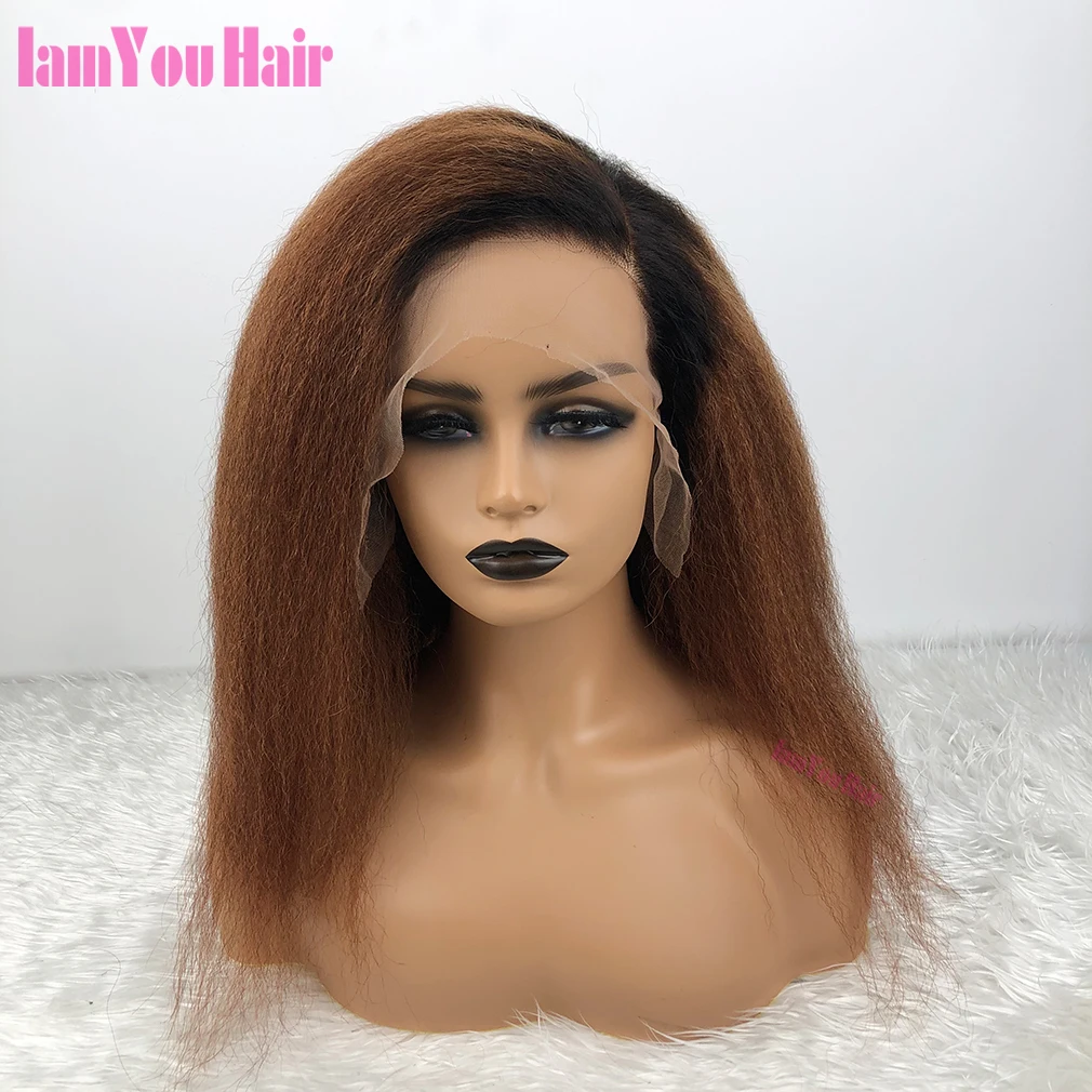 

IAMYOU Kinky Straight Ombre 1B/6# 13x4 13x6 Lace Front Human Hair Wigs PrePlucked Brazilian Lace Frontal Wig 180% Density Remy