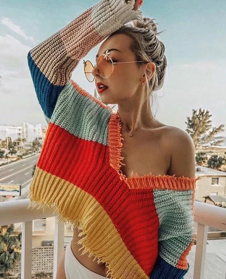new front and back two wear contrast stripes low-cut deep V-neck irregular raw edge sweater knit sweater women
new front and back two wear contrast stripes low-cut deep V-neck irregular raw edge sweater knit sweater women