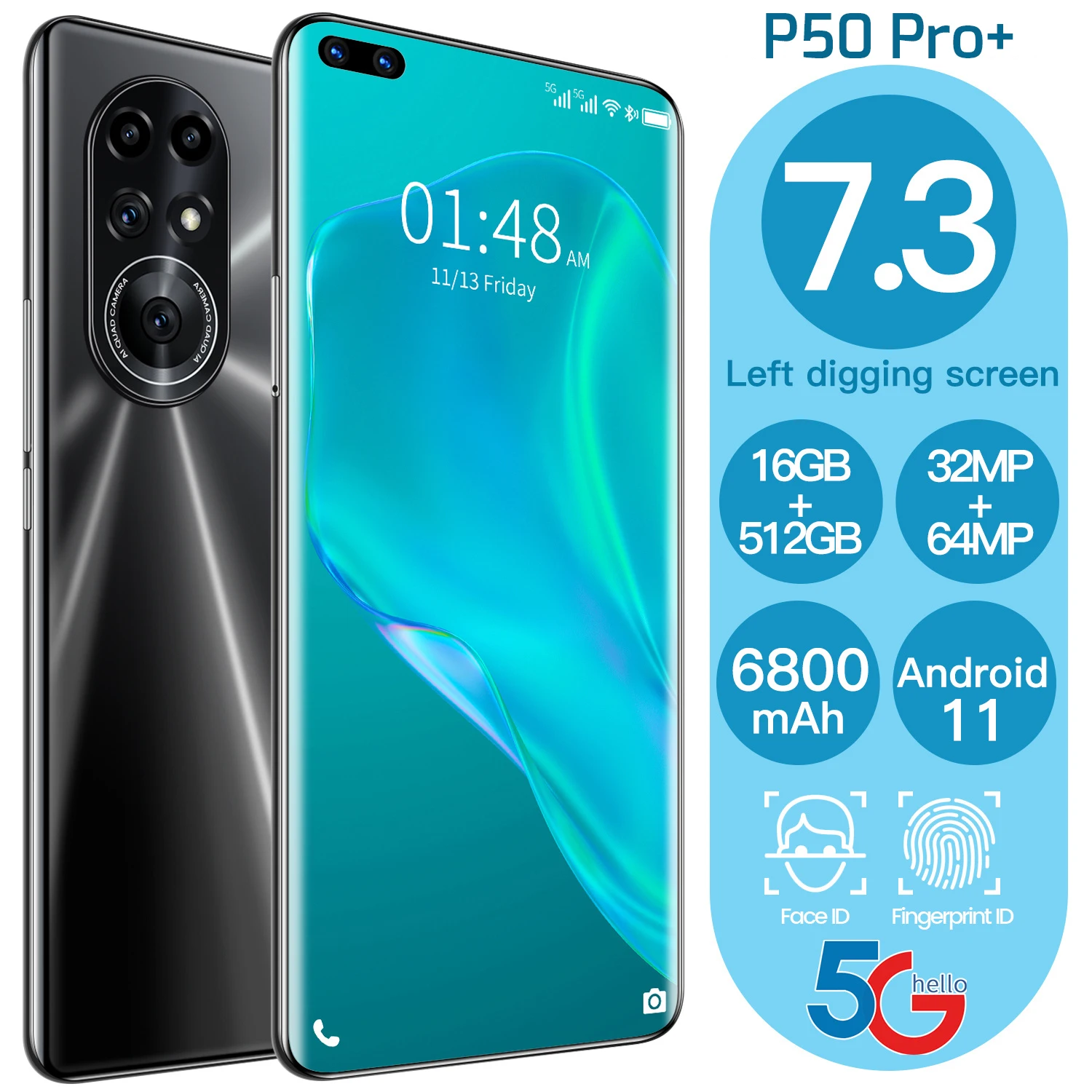 P50 Pro+ 5G Smartphone 7.3Inch Screen Telephone 16+512GB Android11 6800mAh 32+64MP HD Camera Face ID Unlock Hot Mobile Phone
P50 Pro+ 5G Smartphone 7.3Inch Screen Telephone 16+512GB Android11 6800mAh 32+64MP HD Camera Face ID Unlock Hot Mobile Phone