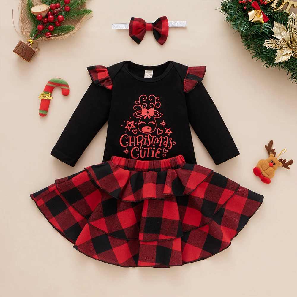 Baby Christmas Dress Sets Round Neck Romper+Skirt Casual Pullover Cotton 3 Piece Check Ruffle Elastic Waist Knitte Girls Skirt
Baby Christmas Dress Sets Round Neck Romper+Skirt Casual Pullover Cotton 3 Piece Check Ruffle Elastic Waist Knitte Girls Skirt