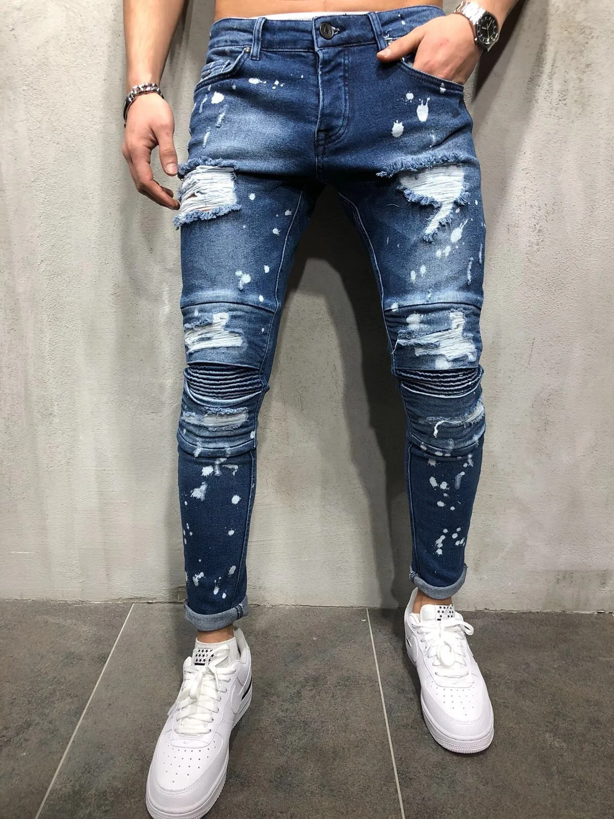 Ripped Jeans for Man High Waist Skinny Jeans Mens Pleated Stretch Denim Pants Personalized Paint Dot Pencil Pants Streetwear
Ripped Jeans for Man High Waist Skinny Jeans Mens Pleated Stretch Denim Pants Personalized Paint Dot Pencil Pants Streetwear