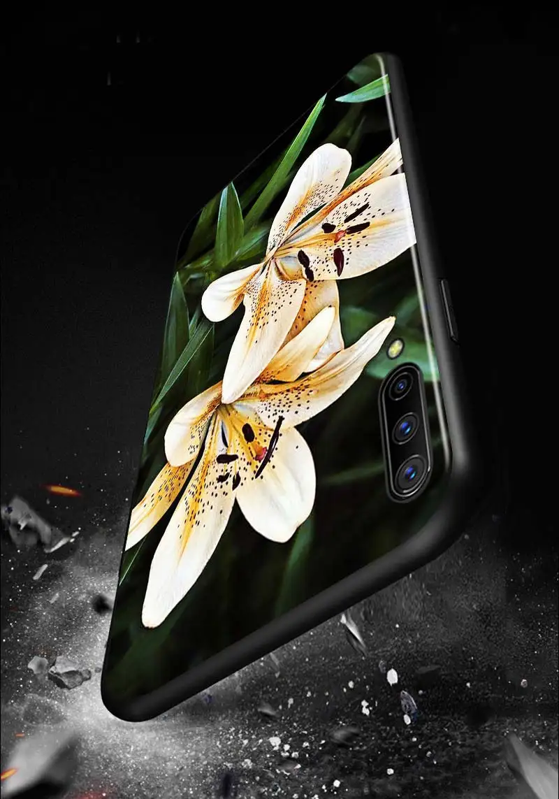 Силиконовый мягкий черный чехол с цветами лилии для Samsung Galaxy A90 A80 A70 A60 A50 M60 M40 A20E