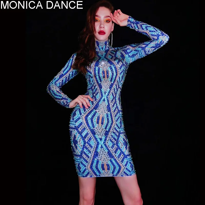 Сексуальное мигающее синее эластичное платье стразы, винтажное вечернее платье для празднования дня рождения, Женская сценическая одежда для певицы