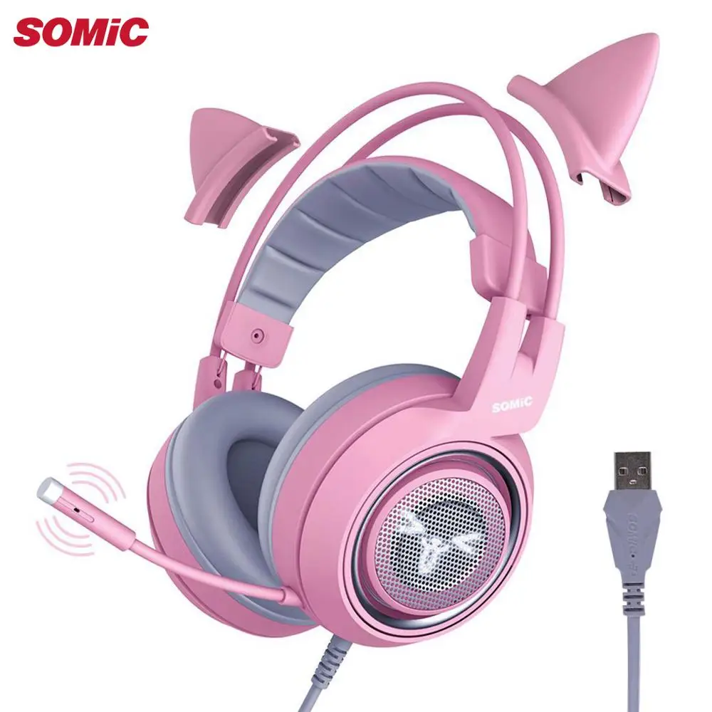 Фото Игровая Гарнитура SOMIC G951 Pink Girl Cat виртуальная гарнитура 7 1 с шумоподавлением