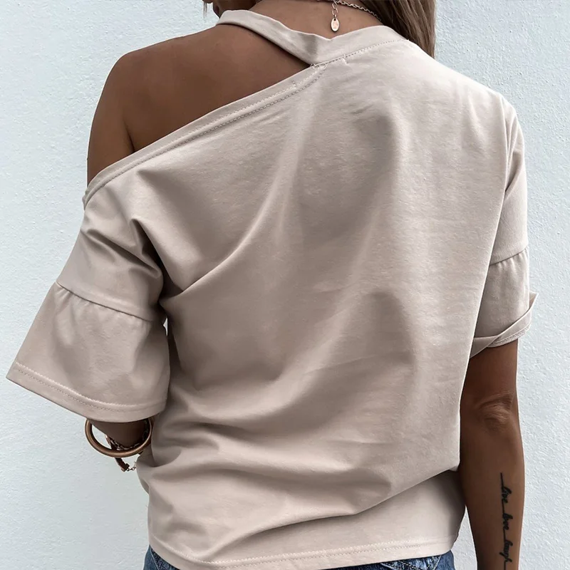Женская футболка с открытыми плечами и круглым вырезом свободная Однотонная