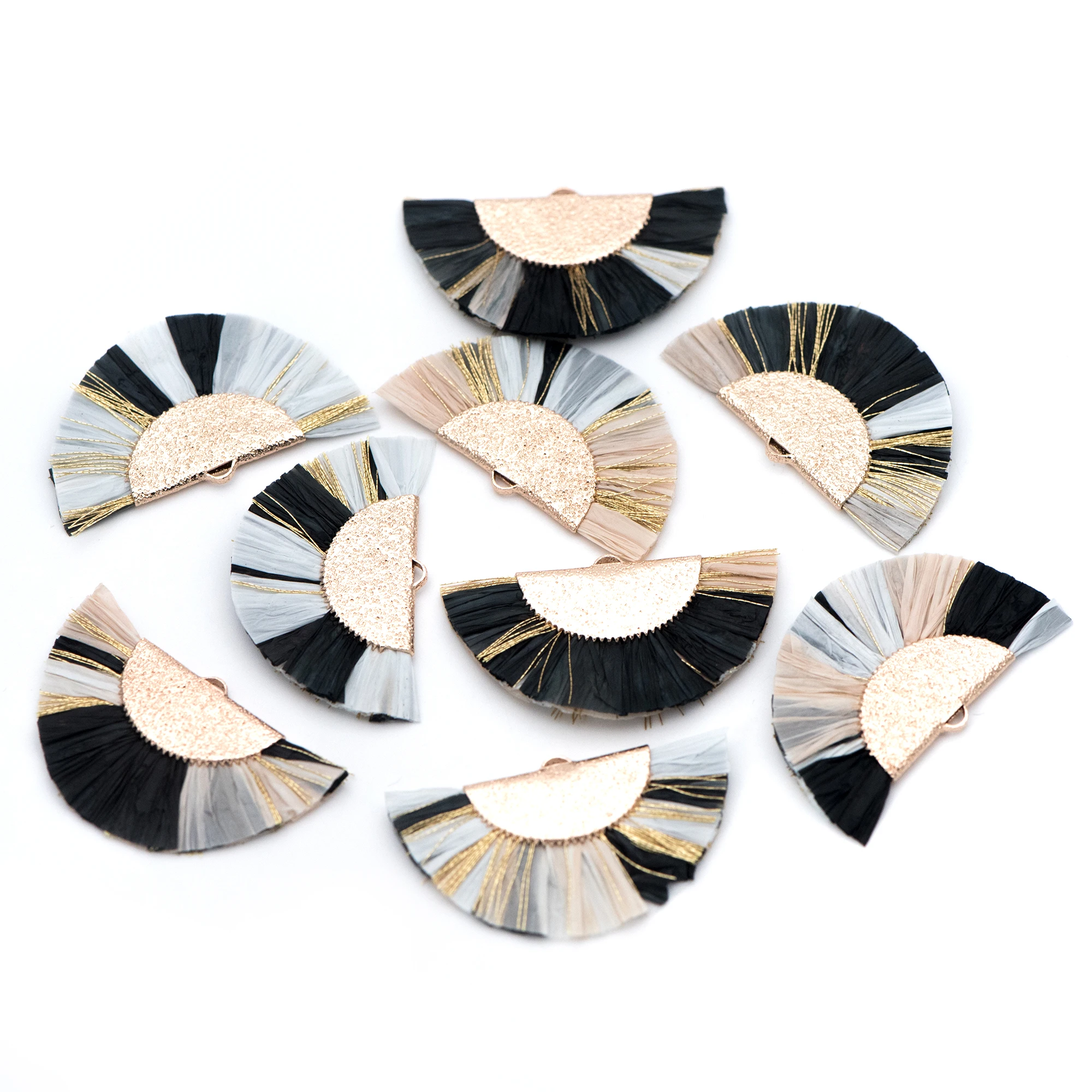10pcs Fan Tassel Pendants 46x28mm Raffia Charms for Earrings Black white Ivory (FB-016-15) | Украшения и аксессуары