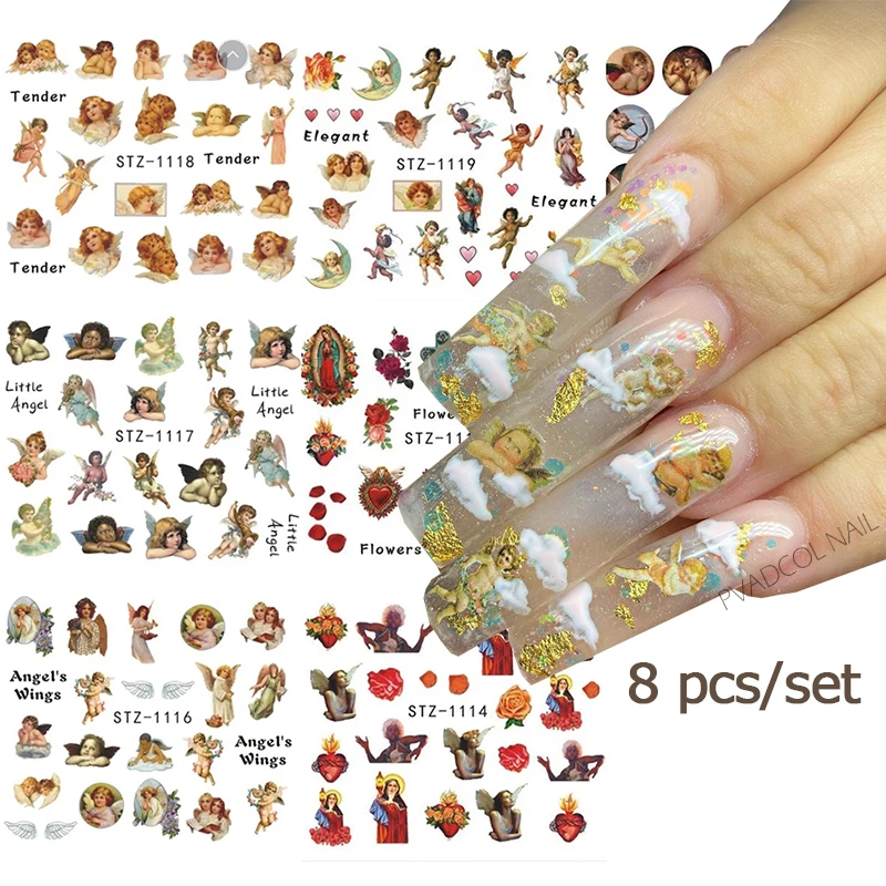 8 шт. ангельские ногти Стикеры s переводятся с помощью воды Nail Art Наклейки Херувим